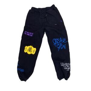 Taka Original Womens Sz Small Jogger Sweatpants Black Y2K Graphic Art Drawstring